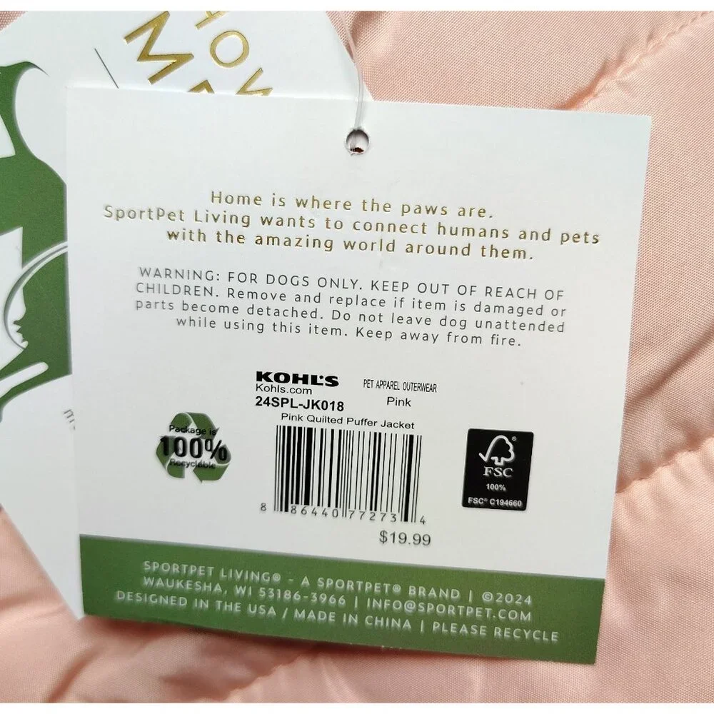 Sportpet Living Dog Size Large Pink Quilted Puffer Pet Winter Jacket